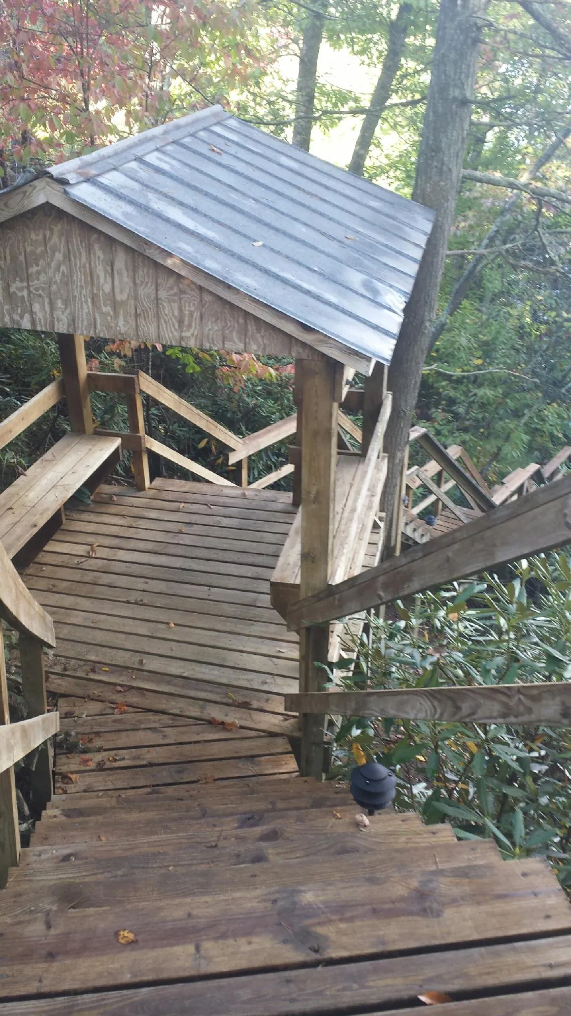 Metal roofed shelter over wooden steps on a wooded walkway — Skylight Repair & Installation work by our crew in Valyermo